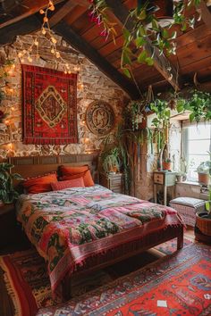 a bed sitting in a bedroom next to a window with lots of plants on it