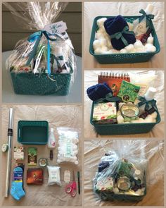 several pictures of the contents of a gift basket