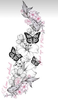 some flowers and butterflies on a white background with the words love is in the air