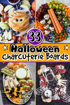 halloween crafts and food are featured in this collage with the words, 33 halloween charure