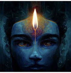 a woman's face with an orange candle in her hair and the eyes are painted blue