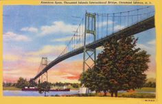 an old postcard with a painting of a bridge in the background and boats on the water below