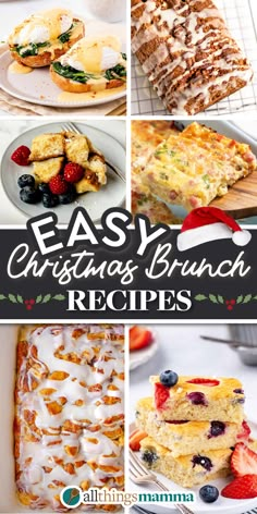 6-image collage showing brunch ideas such as homemade eggs benedict, cinnamon roll french toast, sheet pan berry pancakes, cheesy breakfast casserole. Christmas Brunch Sweet Recipes, Christmas Eve Brunch Ideas Families, Holiday Breakfast Ideas Christmas Brunch Crock Pot, Easy Xmas Morning Breakfast, Breakfast Bar Ideas Food Brunch Party Christmas Morning, Xmas Morning French Toast Casserole, Crockpot French Toast, Monkey Bread Recipe Easy, Homemade Coffee Cake