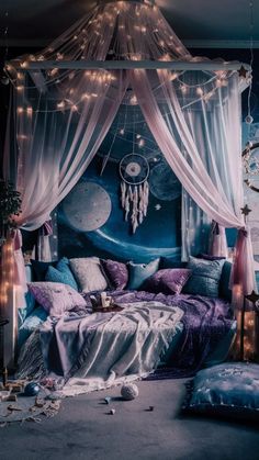 a bed with curtains and lights on it