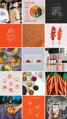 the collage has many different images and words on it, including carrots, broccoli