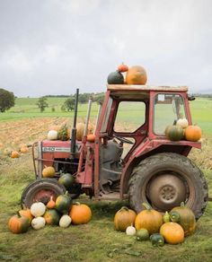 an old tractor with pumpkins on the back