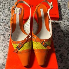 Vintage Y2k Heels From The 00s Size 6.5 Real Leather!! Yellow And Orange Bright Pop Of Color Brand New With Tags Original Price $129 Fast Shipping Bundle To Save More Don't Have A Poshmark Account? Use My Code Simply_elisa When You Sign Up To Receive $10 Off Your First Purchase! Y2k Heels, Bright Pop, Sling Back Heels, Jelly Shoes, Walker Boots, Sling Back, Blush Makeup, Boot Sandals, Rain And Snow Boots