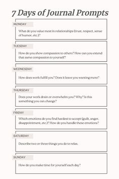 the 7 days of journal prompts for students to use in their writing workbook