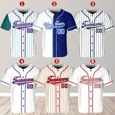 six baseball uniforms with the names of each team