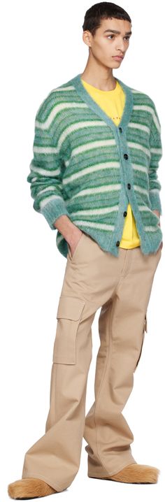 Brushed knit mohair and nylon-blend cardigan. Stripes throughout. · Rib knit Y-neck, hem, and cuffs · Button closure Supplier color: Turquoise Flared Cargo Pants, Black Layers, Layered T Shirt, Color Turquoise, Yellow Print, Striped Cardigan, Contrast Stitch, Luxury Streetwear, Blue Stripes