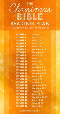 the christmas bible reading plan is shown on an orange and yellow background with snowflakes