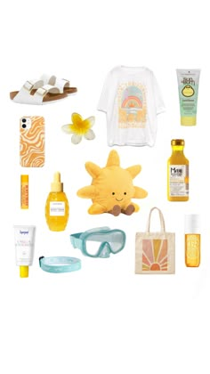 various items are arranged in the shape of a sun on a white background, including sunglasses, t - shirt, sandals, and sunscreen