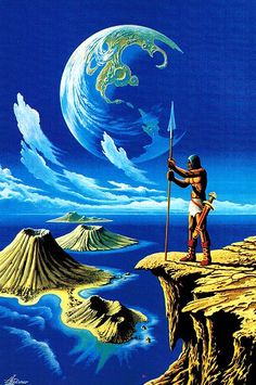 a man standing on top of a cliff holding a spear next to an ocean and land area