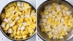 two pictures showing how to cut up potatoes