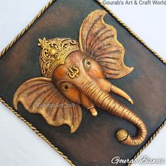 an elephant painted on the side of a wooden plaque with rope around it's neck