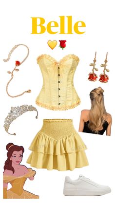 a yellow corset is shown with accessories including shoes, bracelets and necklaces