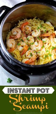 instant pot shrimp scampi recipe in the crockpot with text overlay