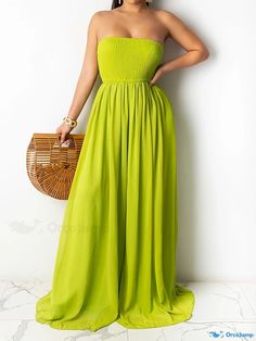 Orcajump - Plus Size Solid Off Shoulder Jumpsuit With Pockets, Women's Plus Casual Loose Jumpsuit Green Strapless Jumpsuits And Rompers For Beach, Green Strapless Jumpsuits For The Beach, Strapless Green Jumpsuit For The Beach, Green Strapless Jumpsuit For Beach, Casual Green Strapless Jumpsuits And Rompers, Green Solid Color Jumpsuits And Rompers For Vacation, Green Stretch Jumpsuits And Rompers For Vacation, Green Stretch Jumpsuit For Vacation, Jumpsuit With Pockets