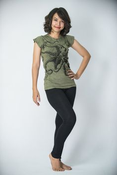 Womens Octopus T-Shirt in Green Fitted Casual T-shirt For Alternative Fashion, Casual Green Festival T-shirt, Unisex Casual T-shirt For Festivals, Stretch Crew Neck T-shirt For Alternative Fashion, Acid Wash Cotton T-shirt For Alternative Fashion, Casual Acid Wash Top For Alternative Fashion, Fitted Cotton T-shirt For Festivals, Fitted Acid Wash Short Sleeve T-shirt, Fitted Acid Wash T-shirt