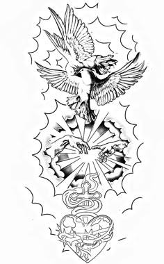 a tattoo design with two birds flying over the word love and an image of a heart