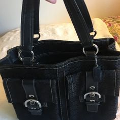 Vintage Coach Signature Black Soho Bag With Leather Trim Zipper Closure On Top 2 Exterior Pockets With Magnetic Closure 1 Zipper Pocket And 3 Additional Pockets Inside Outside Looks Great, Inside Has Stain On One Pocket **I Will Not Text Or Email Additional Pictures Coach Tote Bags, Book Tote Bag, Coach Tote, Work Tote, Zip Tote, Pink Tote, Satchel Tote, Tote Bag Purse, Inside Outside