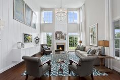 a living room filled with furniture and a fire place in the middle of a room