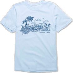 Cotton Tops With Palm Tree Print For Vacation, Cotton Top With Palm Tree Print For Vacation, Crew Neck Top With Palm Tree Print For Vacation, Vacation Crew Neck Top With Palm Tree Print, Palm Tree Print Crew Neck Top For Vacation, Short Sleeve Top With Palm Tree Print For Vacation, Cotton Crew Neck Top With Palm Tree Print, Blue Graphic Print Shirt For Vacation, Graphic Cotton Tee For Vacation