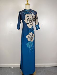 Includes: Ao Dai Top Material: High Quality Silk - Doubke Sided Silk. 🌸Stretchy level: 0/10 🌸The measurement of this long dress is in Vietnamese size. Please note: American size tends to be bigger for the same size. Please look at the SIZE CHART carefully before ordering.  🌸Well-made by hand. 🌸No returns or exchanges. 🌸Buyer can contact seller about any issues with an order. Please follow us on Facebook @ Ao Dai Joy. ❤️ Thank you for shopping with us! ❤️ Elegant Blue Fitted Ao Dai, Blue Ao Dai For Summer, Fitted Blue Ao Dai For Summer, Summer Fitted Blue Ao Dai, Fitted Light Blue Ao Dai For Spring, Blue Ao Dai For Spring Party, Blue Fitted Ao Dai For Evening, Fitted Blue Ao Dai For Evening, Evening Blue Fitted Ao Dai