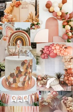 a collage of photos with balloons, cake and other things in the background that are all different colors