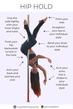 a woman doing pole dancing tricks with the words, how to do it in front of her