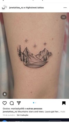 a black and white photo of a mountain with trees on it's side tattoo