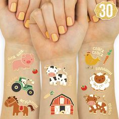 two hands with stickers on their arms and one has an animal, farm animals, tractor