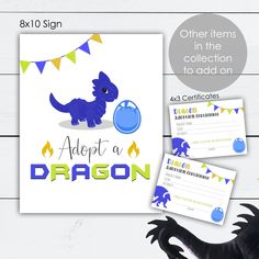 a dragon birthday party with blue and yellow decorations on the table, next to it's certificate