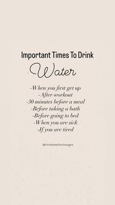 Drinking water is essential for a healthy lifestyle and what time of day can help your body as well:   -When you first get up to activate your organs and detox. -After workout to bring your heart rate back to normal. -30 minutes before meal to help aid in digestion. -Before taking bath to help keep your blood pressure low.  -Before going to bed to replenish your body and help you sleep. -When you are sick to transport nutrients in the blood stream.  -When you are feeling tired to recharge your body.   Are you getting enough water to drink daily? Sadly many of us aren’t getting enough to drink, especially older adults. The easiest way to determine how much water to drink is to divide your body weight in half and thats how many ounces you should be drinking a day.  🌿Signs your not drinking Drink Water Motivation, Water Motivation, Water To Drink, Taking Bath, Going To Bed, Before Sleep, After Workout, Time Of Day, A Healthy Lifestyle