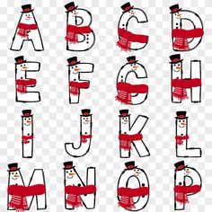 the letters are made up of snowmen wearing hats, scarfs and scarves