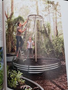 an open book with pictures of people in the woods and on top of a swing set