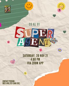 an advertisement for the super agent show on paper with stickers and hearts around it