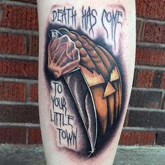 Michael Myers Pumpkin Tattoo, Terrifier Tattoo, Joey Tattoo, Movie Character Tattoos, Halloween Tattoo Designs, Horror Tattoo Ideas, Michael Myers Tattoo, Tattoos 2023, Horror Tattoos