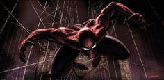 the amazing spider - man is coming out of his web in front of some buildings