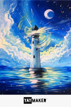 a painting of a lighthouse in the ocean at night