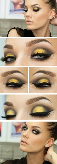 Yellow Eyeshadow Looks, Batman Theme, Yellow Eyeshadow, Everyday Makeup Tutorials, Linda Hallberg, Purple Eyeshadow, Smokey Eyes, Eyeshadow Tutorial, Cat Eyes