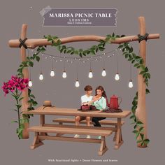 two people sitting at a picnic table with flowers and lights hanging from the ceiling above them