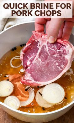 someone is adding ingredients to their pork chops in a bowl with text overlay