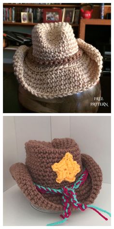 crocheted hats are shown in three different colors and sizes, including one with a yellow flower on the brim