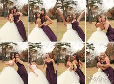 the bride and groom are posing for pictures in their wedding gowns, which is purple