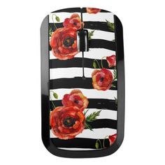 a black and white striped phone case with red flowers on the front, and an orange flower on the back