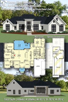 two story house plan with 3 car garages and 2 living areas, three bedroom