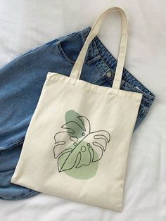 Bege  Collar  Poliéster Plantas Bolsa de ombro Embellished Decorated Tote Bags, Diy Tote Bag Design, Painted Canvas Bags, Tote Bag Business, Handpainted Tote Bags, Pretty Tote Bags, Canvas Bag Diy, Canvas Bag Design, Sacs Tote Bags