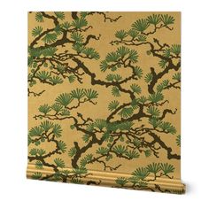 a wallpaper with green and brown tree branches on beige background canvas print, ready to hang