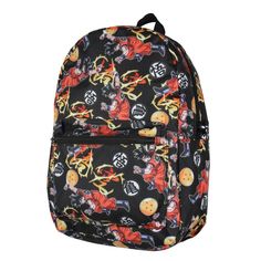 This is an Dragon Ball Z Backpack. It features a wonderful allover pattern of some great designs, including the Turtle Hermit/Master Roshi symbol, the character symbol, a 4-star Dragon Ball, and the character in a vintage fighting stance. It has a front zipper closure pocket that is great for utensils like calculators, pens, pencils, and more! The main inner compartment features a laptop pocket with a padded back that is great for protecting tablets, cell phones, and personal computer laptops. M Black Backpack For Cosplay, Black Backpack With Character Print, Black Standard Backpack With Character Print, Star Dragon, Character Symbols, Master Roshi, Backpack Laptop, Allover Pattern, Bags For Teens